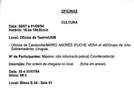 Programa del taller de candombe de Sobremaderas en el II CEPIAL, 1994